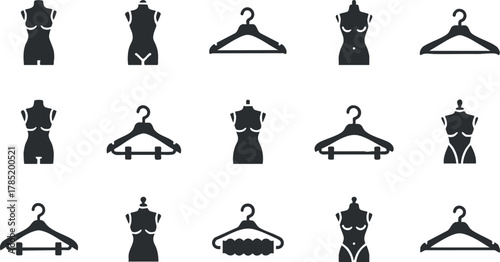 Modern flat design vector icon set featuring hangers and mannequins for fashion and retail applications