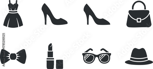 Stylish vector icon set featuring fashion items like dress, shoes, handbag, and accessories for design projects.