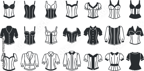 Stylish vector icon set featuring a variety of women's shirts and corsets in a minimalist design for fashion-related projects