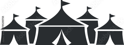 Stylized black and white vector illustration of multiple circus tents, ideal for event planning and entertainment projects