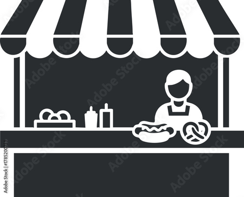 Flat design vector illustration of a food market stall with a vendor serving snacks and condiments for outdoor events