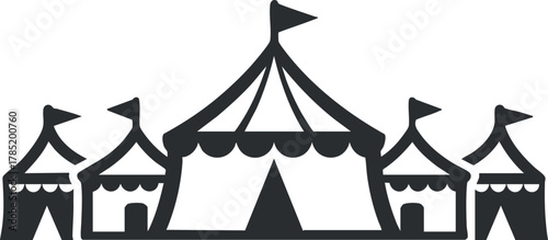 Stylized black and white vector illustration of circus tents, ideal for event branding and celebration designs