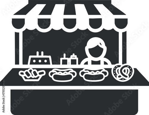 Minimalist black and white vector illustration of a food stall featuring a vendor serving hot dogs and pretzels, ideal for food-related projects.