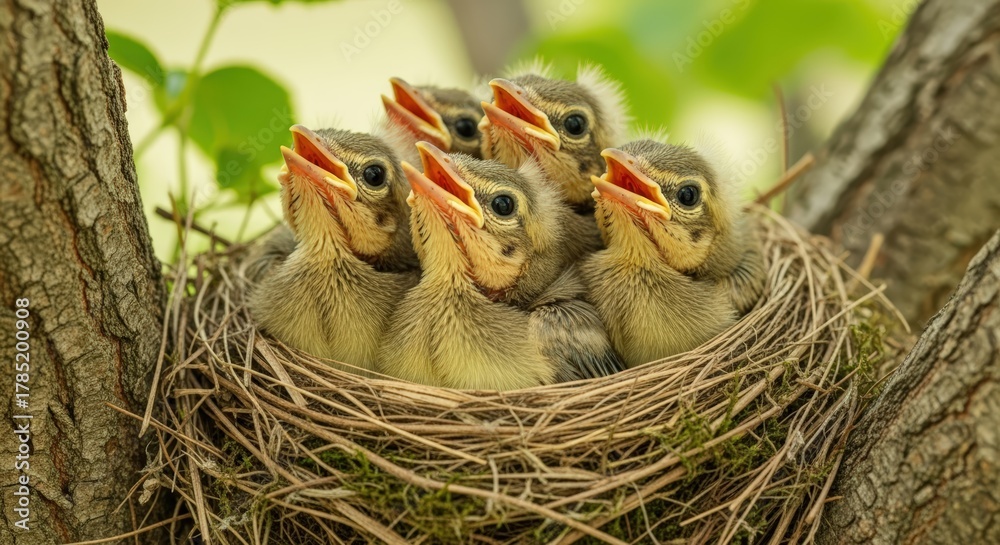 Obraz premium Five Hungry Baby Birds Waiting to Be Fed in a Nest on a Tree Branch