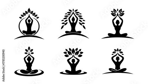 Six black silhouettes of yoga poses, each with leaves above the head, representing peace