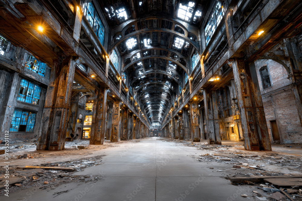 Obraz premium Abandoned Industrial Building Interior with Broken Windows and Debris