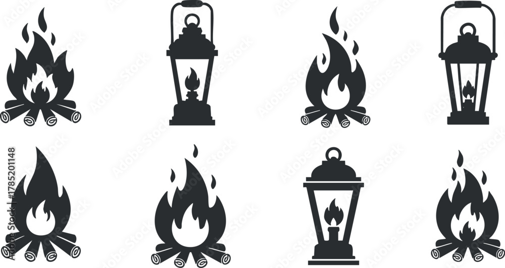 Naklejka premium Silhouette vector icon set featuring campfire and lantern designs for outdoor adventure and camping themes
