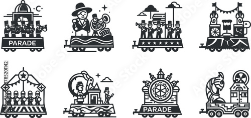 Playful black and white vector illustration collection of parade-themed trains featuring characters and festive elements for event design.