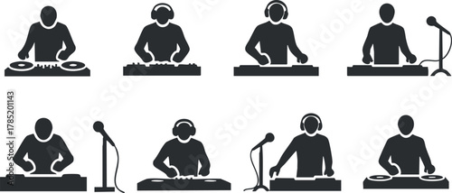 Silhouette vector icon set showcasing DJs performing with turntables, headphones, and microphones for music events and branding.