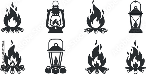 Vector icon set featuring various lanterns and campfires in a minimalist black and white style for outdoor and camping themes