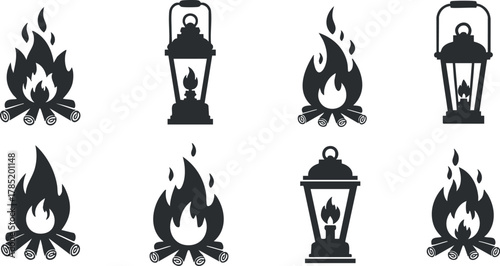 Silhouette vector icon set featuring campfire and lantern designs for outdoor adventure and camping themes