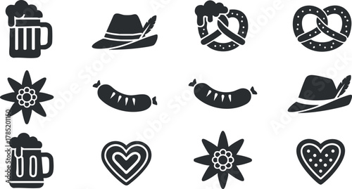 Minimalist black and white vector icon set featuring beer, pretzels, sausages, hats, and festive symbols for celebration themes
