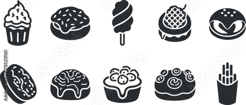 Flat design vector icon set featuring various desserts and snacks including donuts, cupcakes, and ice cream for food-related projects