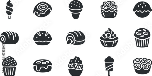 Stylized vector icon set featuring various desserts including ice cream, cupcakes, donuts, and pastries for food-related projects