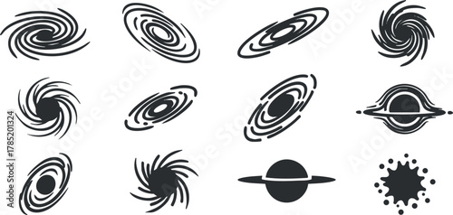 Collection of minimalist black and white vector illustrations featuring various galaxy and planet designs for space-themed projects
