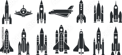 Silhouette vector icon set featuring various rocket designs and spacecraft for technology and aerospace projects
