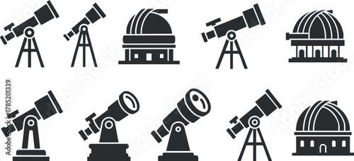 Vector icon set featuring telescopes and observatories in a minimalist black and white style for astronomy and science projects