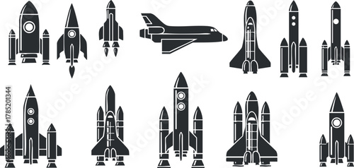 Collection of minimalist black and white rocket vector illustrations for space exploration and technology themes