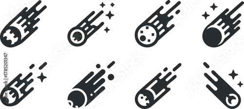 Stylized vector icon set featuring comets and meteors in modern flat design for space-themed projects