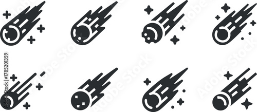 Set of modern vector icons depicting comets and meteors with motion trails for space-themed design projects