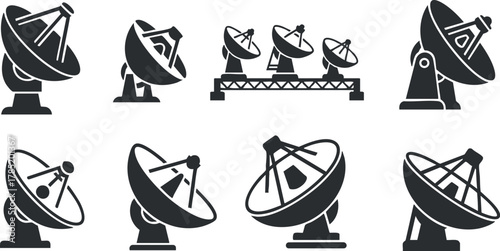 Set of minimalist black and white vector icons featuring various satellite dishes for communication and technology-related projects