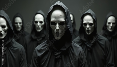 Group of people wear black hooded robes, eerie white masks. Masks show dark eyes, with skeletal mouths, stitched. Stand together in dim room. Image suggests cult ritual, mystery, horror, fear, deep