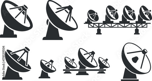 Set of black and white vector illustrations featuring various satellite dishes for communication and broadcasting technology