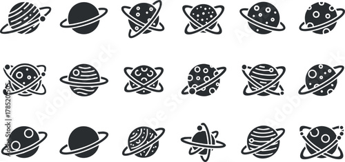 Set of minimalist black and white vector icons depicting various planets with rings, ideal for space-themed design projects.