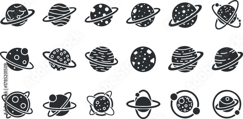 Stylized vector icon set featuring various planets and celestial bodies in black and white design for educational and creative projects