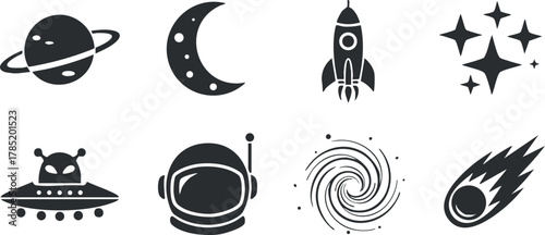 Set of minimalist black and white vector icons featuring space-themed elements like planets, rockets, and astronauts for design projects.
