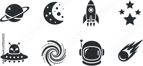 Set of minimalist black and white vector icons depicting space themes including planets, rockets, and celestial bodies for design projects