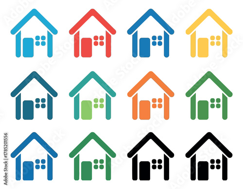 A grid of twelve colorful and black house icons are arranged in three rows.