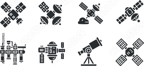 Flat design vector icon set featuring satellites and telescopes for space exploration and technology themes