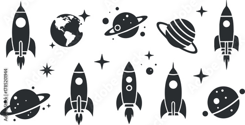 Collection of minimalist black and white vector illustrations featuring rockets, planets, and stars for space-themed projects