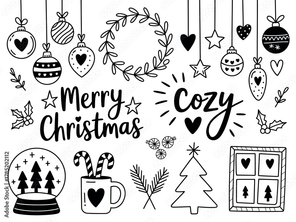 Naklejka premium A collection of hand-drawn Christmas ornaments, decorations, and text elements.