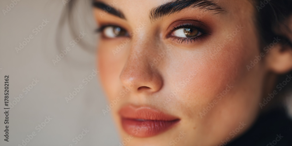 Fototapeta premium Woman with brown eyes and brown hair is wearing makeup