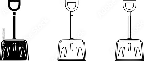 Minimalist Snow Shovels. Minimalist snow shovel icon: three identical snow shovel icons in a row, first in line style with thin
