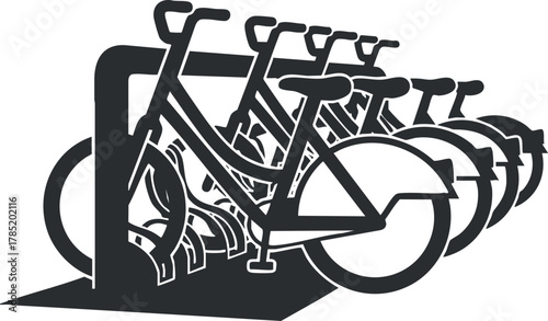 Modern silhouette vector illustration of a bicycle parking rack with multiple bikes for urban transportation and outdoor activities
