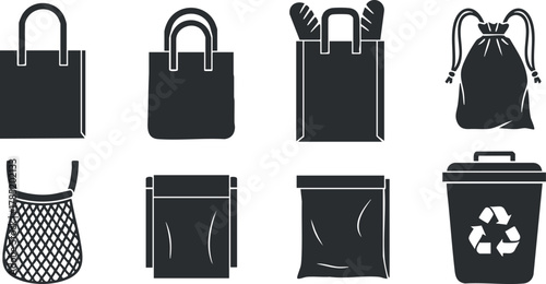 Collection of minimalist black and white vector icons featuring various bag designs for shopping, storage, and waste disposal