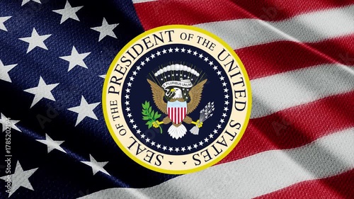Presidential Seal over a waving American flag showing the bald eagle, olive branch, arrows, E PLURIBUS UNUM ribbon and stars ring.
