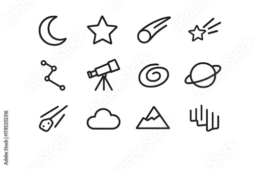 Starry Night Icons. Starry night sky. Line outline icon set of starry night sky: moon, star, comet, shooting