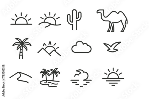 Desert Sunrise Icons. Desert sunrise. Line outline icon set of desert sunrise: sun, sand dune, cactus, camel,