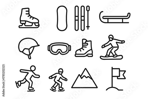 Winter Sports Icons. Winter sports. Line outline icon set of winter sports: ice skates, snowboard, skis, sled,