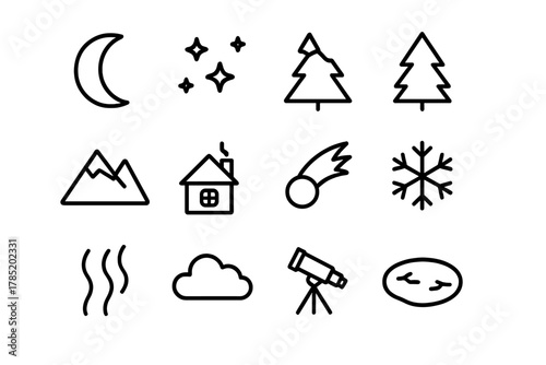 Winter Sky Icons. Winter night sky. Line outline icon set of winter night sky: moon, stars, constellation,