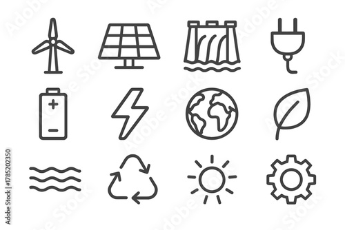 Renewable Energy Icons. Renewable energy. Line outline icon set of renewable energy: wind turbine, solar panel
