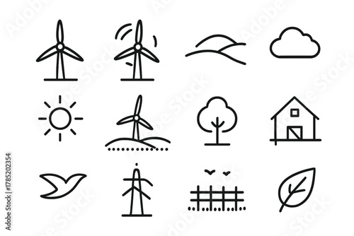 Wind Turbines Icon Set. Wind turbines in green field. Line outline icon set of wind turbines in green field: