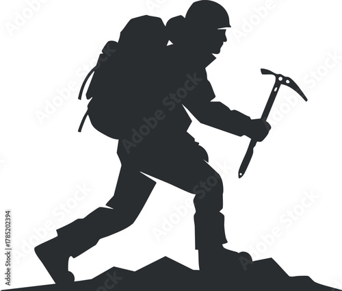 Silhouette vector illustration of a climber with an ice axe, ideal for adventure and outdoor sports branding.