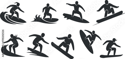 Collection of minimalist black silhouette vector illustrations depicting surfers performing various surfing actions on waves.