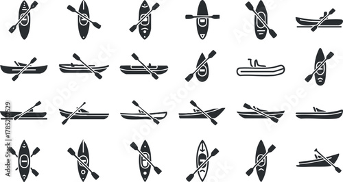 Collection of vector icons featuring various kayaks and canoes with paddles for outdoor adventure and water sports
