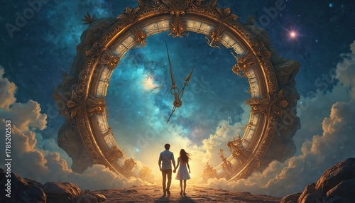 Couple walks toward giant clock in starry sky. Couple runs into future below cosmic horologe. Love journey begins under constellations, destiny bound.